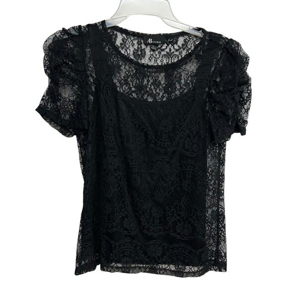 Dark feminine lace puff sleeve blouse AB Studio black sheer romantic size S - Picture 1 of 7